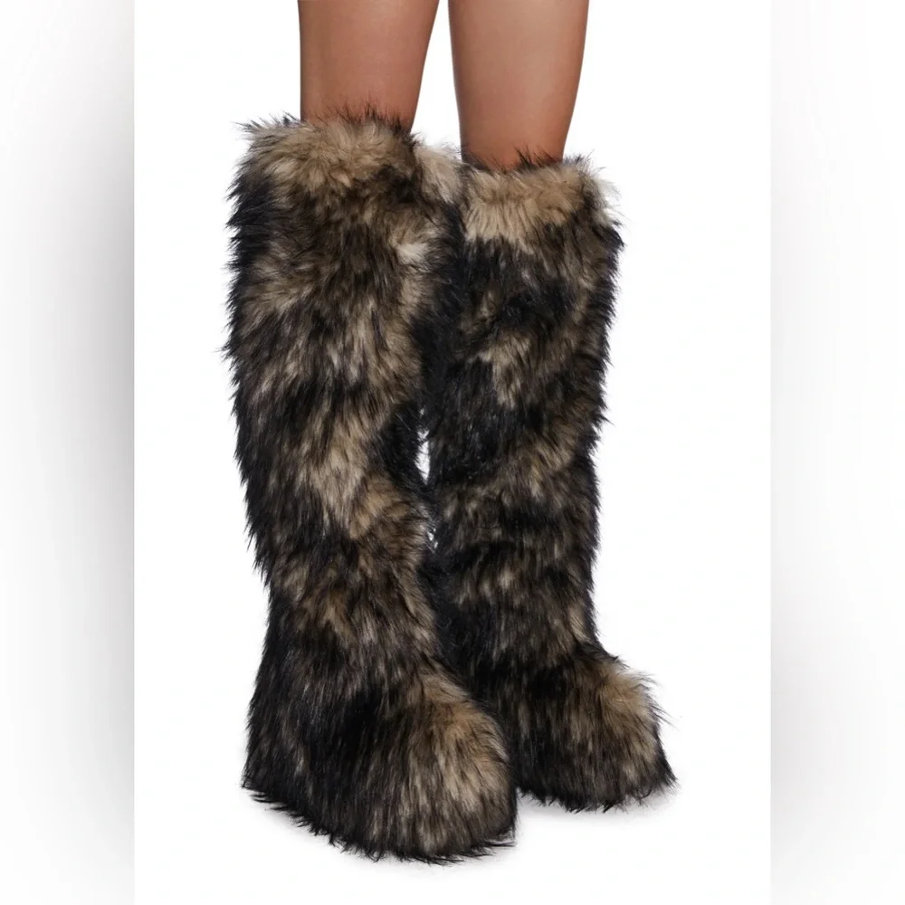 Natural grey thigh high over the knee fur boots size 6